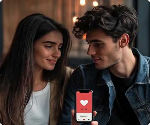 Couple with phone showing heart